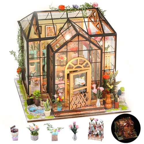 DIY Miniatur Haus Puppenhaus Gewächshaus mit Licht, Miniatur Haus Bausatz, DIY Gewächshaus Holz, Bastelset Geburtstag Geschenke für Erwachsene Frauen Mädchen von Foreverup
