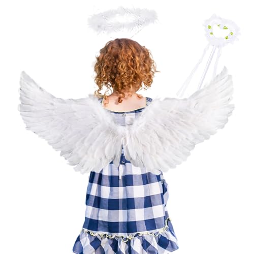 Engel Kostüm Kinder,Engelsflügel Weiß, Engel Kostüm Damen mit Heiligenschein und Zauberstab, 60CM Engels Flügel Kostüm für Cosplay Party Halloween Karneval Fasching Kostüme Kinder Erwachsene von Foreverup