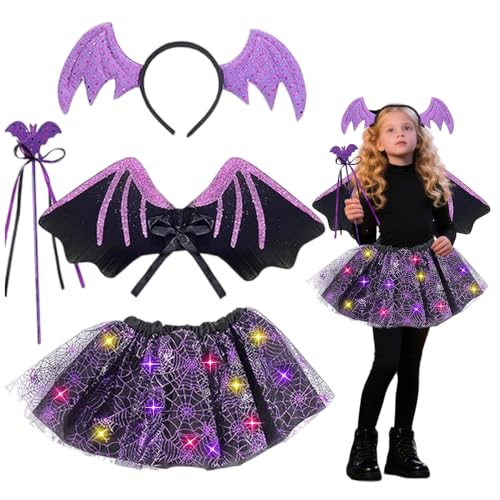 Fledermaus Kostüm Kinder Mädchen, Fledermaus Halloween Kostüm, Hexe Kostüm for Kinder Mädchen mitFledermaus Flügel, Hexe Tutu Rock Haarband von Foreverup