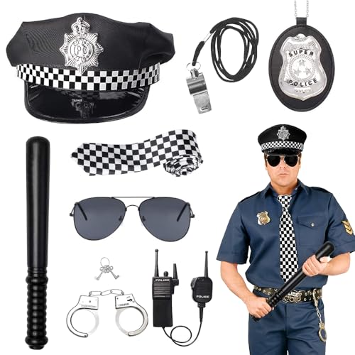 Foreverup 8-teiliges Polizei-Kostüm für Damen, Erwachsenen-Polizei-Kostüm, Halloween-Kostüm, Partyzubehör-Set mit Weste, Kappe, Abzeichen, Brille, Handschelle und mehr für FBI-Rollenspiel, Cosplay von Foreverup