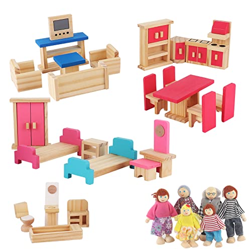 Foreverup Puppenhaus Möbel Holz, 25 Stücke Puppenhausmöbel, Puppenmöbel Holz mit 6 Holz Familienpuppen Spielset für Kinder Puppenhaus, Ergänzung für das Puppenhaus (Kinderschlafzimmer) von Foreverup