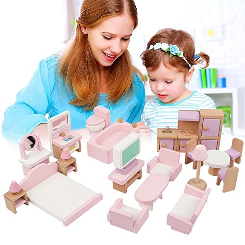 Foreverup Puppenhaus Möbel Holz Set, 22 Stück Puppenhaus Holzmöbel Zubehör, Puppenhaus Möbelset mit Schlafzimmer, Badezimmer, Wohnzimmer, Küchenmöbel, Kinder Spiel Geschenk ab 3 Jahren von Foreverup