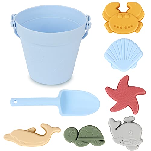 Foreverup Sandspielzeug Set aus Silikon, 8pcs Sandspielzeug für Kinder mit Eimer, Spaten, Tierformen, Sandkasten Spielzeug für Outdoor Spielzeug, Geburtstage Partys Geschenk und unterwegs, Blue von Foreverup