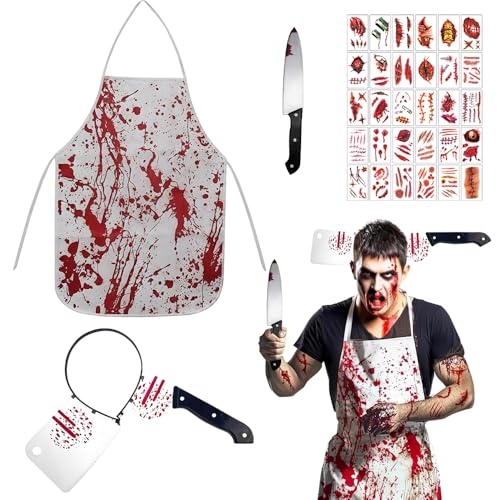 Metzger-Kostüm, Metzger-Kostüm, Halloween-Kostüm mit Messer, Stirnband, gruselige Halloween-Kostüme für Männer mit blutiger Schürze und Tattoo-Aufklebern für Erwachsene, Foto-Requisiten von Foreverup