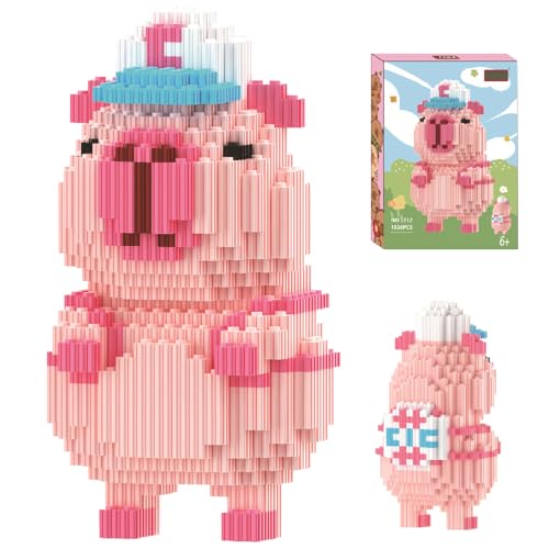 Tier-Blöcke Micro Building, Capybara Mikro Bausteine Spielzeug Kit, Particle Baustein-Set, Cartoon Anime MiniBausteine, Mini Bausteine DIY-Spielzeug Für Kinder Erwachsene (Rosa Baseballkappe) von Foreverup