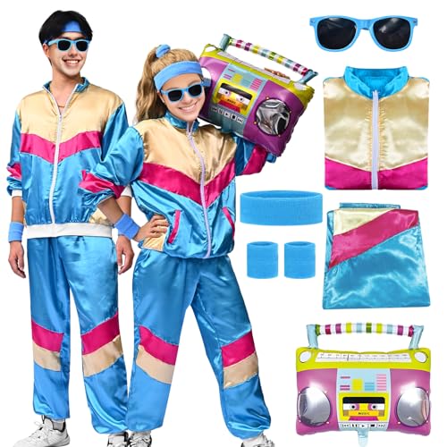 Forfamy 80er Jahre Trainingsanzug Kostüm Herren Damen 90er Retro Hip-Hop Kostüm Jacke Shell Windbreaker Sportbekleidung Partykleid Schweißband, Blau-y, Large von Forfamy