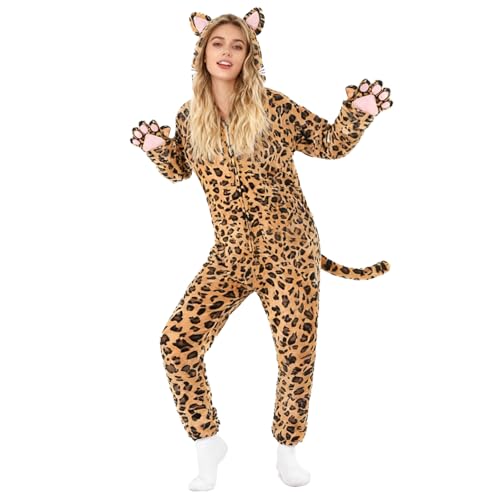 Geparden-Einteiler, Katzenkostüm für Damen, Halloween, Fleece, Leoparden-Kostüme, Tiere, Cosplay, Verkleiden (Gepard, groß) von Forfamy