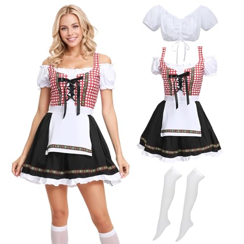 Oktoberfest Kostüme für Damen Dirndl Kleider Deutsches Kleid mit Strümpfen Festival Bayerisch Halloween Kostüm Bier Karneval, Rot/Ausflug, einfarbig (Getaway Solids), Large von Forfamy