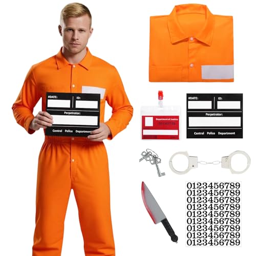 Orangefarbener Gefangenen-Overall für Herren, Gefängnisinsasse, Jailbird-Kostüm für Halloween, Erwachsenen-Einteiler (Orange-1, Medium) von Forfamy
