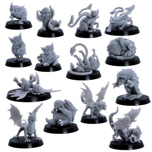 Forged Terrain Baby Dragons & Monsters Miniature DND Set - 14 Fantasy Creatures (Red & White Wyrmlings, Owlbears, Bulettes, Phase Panthers) | Epic Miniatures | DND Starter Set von Forged Terrain
