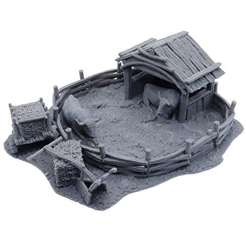 Tisch-Gaming-Miniatur-Gelände, lackierbar, Oxen-Gehäuse mit abnehmbarem Dach, Heuballen, Pflüge und Heuwagen für 28 mm RPG Fantasy Bauernhoftiere und ländliche Landschaft von Forged Terrain