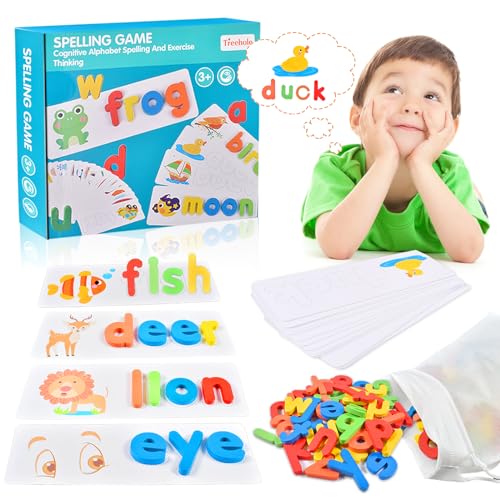 Buchstaben Lernen Lernspiele, Montessori Spielzeug, Vorschule Scrabble Spiele, Holz Alphabet Sprache Förderung Rechtschreibung Spiele, Lesen Lernen Geschenk für Kinder Jungen Mädchen ab 3 Jahr von Forhome