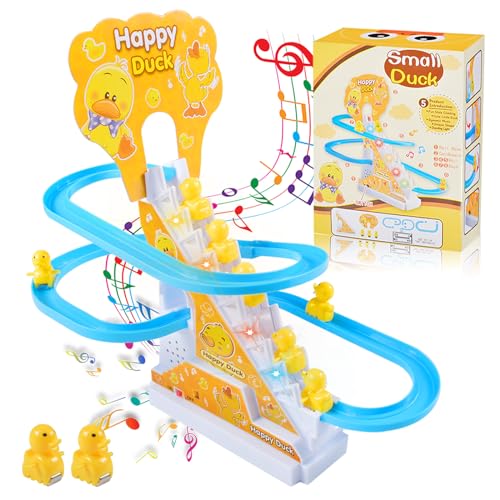 9 Stück Ente Treppensteigen Spielzeug, Enten Achterbahn, Duck Climbing Stairs Toy, Elektrische Enten Slide Track mit Licht und Musik, Geschenk für Mädchen Jungen-Ab 3 Jahre von Forhome