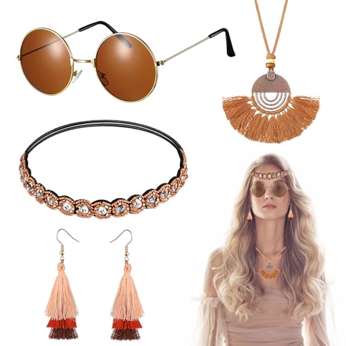 Forhome 4 Stück Hippie Accessoires Set, Vintage Hippie Kostüm Zubehör, Hippie Kleidung Damen 70er 60er, Bohemia Stirnband und Brille, Feder Kette und Fransen Ohrring für Weihnachten, Disco, Karneval von Forhome