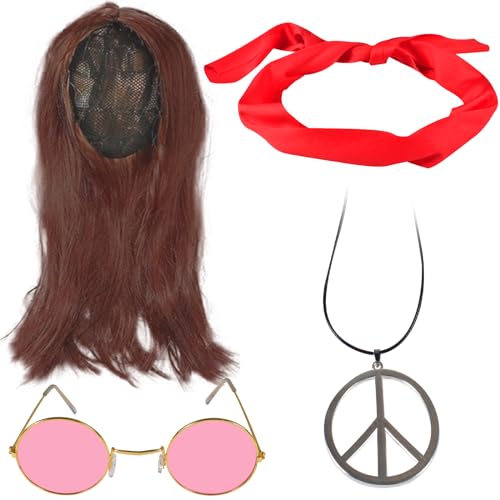 Forhome 4 Stück Hippie Kostüm Set, Perücke Brille Peace Halskette Stirnband, Hippie Kostüm Damen Herren, für Fasching Karneval Party 70er Jahre Themenparty von Forhome