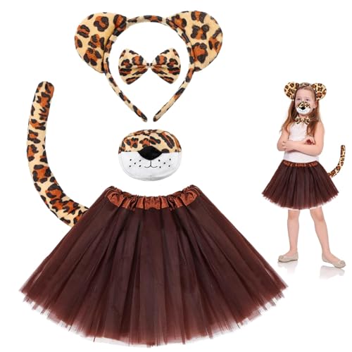 Forhome 4 Stück Leoparden Kostüm für Kinder, Tierkostüm Zubehör mit Leopardenohren Stirnband, Schwanz, Fliege, Tutu Rock und Nase, Leoparden Kostüm Set für Karneval, Weihnachten, Cosplay von Forhome
