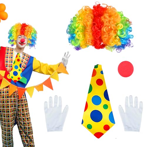 Forhome Clown Kostüm Accessoire,4 Stück Clown Kostümzubehör,Clown Lockenperücke+Clownsnase+Bunte Fliege+Handschuhe, Clown Kleidung von Forhome