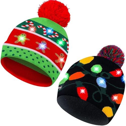 Forhome LED Weihnachtsmütze Erwachsene, Weihnachtsmützen Plüsch, Warme Wintermütze, LED Weihnachten Strickmütze Beanie Hat, für Kinder und Erwachsene (DE/NL/SE/PL, Alphanumerisch, M, L, A) von Forhome