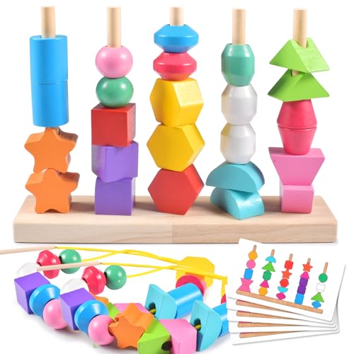 Forhome Montessori Spielzeug Sortierspiel ab 2 3 4 5 Jahre, 2 in 1 Holz Sortier Stapelspielzeug Fädelspiel, Lernspielzeug, Kultivieren Sie das Denken und die praktischen Fähigkeiten der Kinder von Forhome