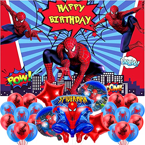 Forhome Spiderman Geburtstagsdeko Set, Spiderman Luftballons, Folienballons e Spider Man Hintergrund 5 * 3 FT/150 * 100 cm, für Spider-Man Themen Party Geburtstags Dekoration Jungen von Forhome