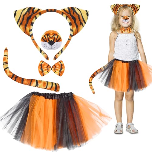 Forhome Tiger Kostüm Kinder,5 Stück Tierkostüm-Set, Tiger Ohr Stirnband Schwanz Nase Fliege Tutu Rock Set, Kinder Tiger Stirnband für Kinder Karneval Cosplay Party von Forhome