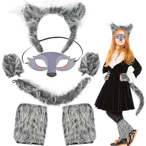 Forhome Wolf Kostüm, Wolf Ohren und Schwanz Set, Wolf Kostüm Kinder Wolf Maske Werwolf Haarreifen mit Pfoten, für Tierkostüm Cosplay Geburtstagsparty Kostüm Kostüm Partyzubehör von Forhome