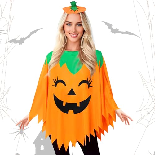 Halloween Kürbis Skelett Spinne Kostüm Orange Weiß Poncho Cape Umhang Skelettkostüm Damen Kleid Set für Karneval Party Dress Up (Orange) von Forhome