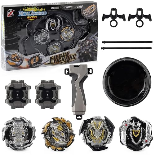 Kampfkreisel Set, 4 Stück Battle Spinner Burst,Gyro Burst Starter Set,3D Fusion Modell Metall Masters Beschleunigungslauncher Speed Kreisel mit Basis-Arena für Kindertag, Ostern, Geburtstag von Forhome