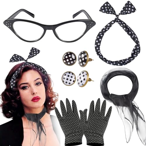 Rockabilly Accessoires 50er,9 Pièces 50er Jahre Rockabilly Accessoires Damen,50er Damen Accessoires Set Vintage Zubehör Chiffon Schal Handschuhe Katzen Auge Brille Stirnband Ohrringe für Karneval von Forhome