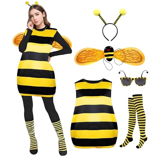 Formemory Bienen Kostüm Damen,Bienen Faschingskostüme Damen mit Kleid,Haarband,Brille,Flügel und Socken,Bienenkostüm Erwachsene,Biene Maja Kostüm Erwachsene (Gelb, L) von Formemory