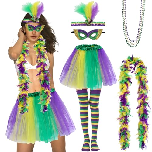 Formemory Faschingskostüme Damen,80er Jahre Karneval Kostüme für Erwachsener, Kostüm mit Rock,Stirnband,Maske,Perlenkette, Federschal und Strümpfe, von Formemory
