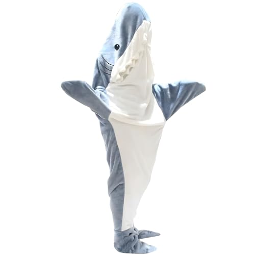Formemory Hai Decke Zum Anziehen,Hai Karneval Kostüme für Erwachsener,Tragbare Hai Kostüm Erwachsene,Gemütlicher Flanell Hai Schlafsack,Shark Kostüm (Weiß und Blau, L) von Formemory