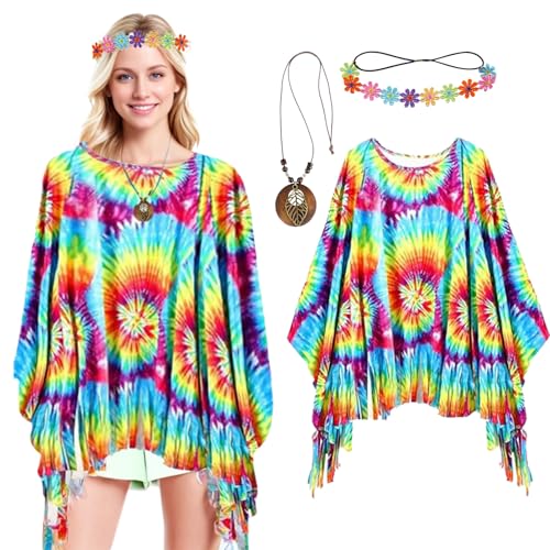 Formemory Hippie Kostüm Damen,60er 70er Jahre Outfit Damen Hippie Kleidung Damen Hippie Poncho Damen mit Hippie Accessoires Disco Outfit Karneval Fasching Kostüm Damen (Blau) von Formemory