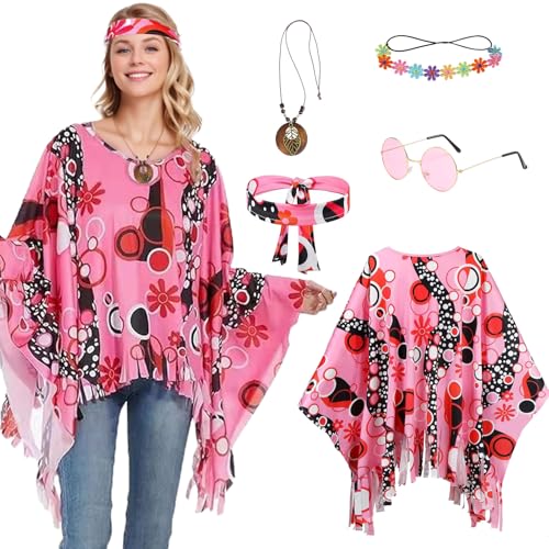 Formemory Hippie Kostüm Damen,60er 70er Jahre Outfit Damen Hippie Kleidung Damen Hippie Poncho Damen mit Hippie Accessoires Disco Outfit Karneval Fasching Kostüm Damen (Rosa) von Formemory