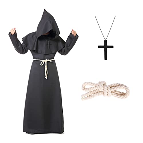 Formemory Priester Kostüm Herren Cosplay,Hooded Mönch Kostüm mit Ornament Taillenseil Halloween Cosplay (Schwarz, M) von Formemory