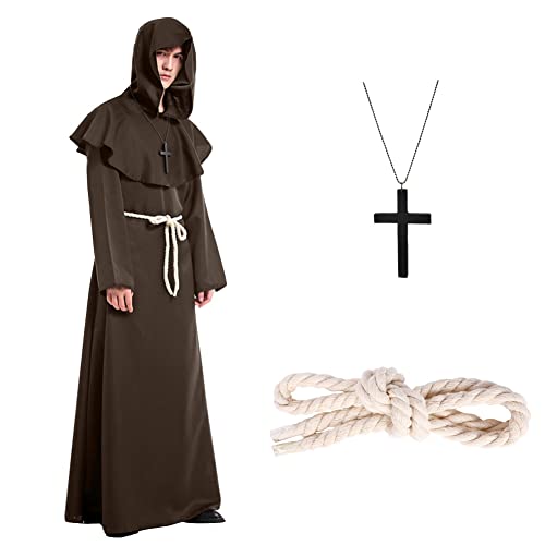 Formemory Priester Kostüm Herren Cosplay,Hooded Mönch Kostüm mit Ornament Taillenseil Halloween Cosplay (Braun, M) von Formemory