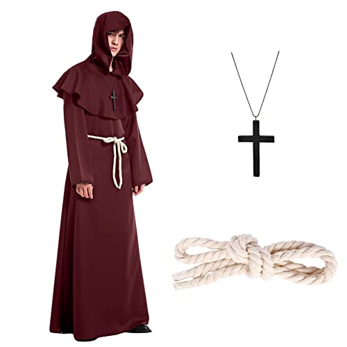 Formemory Priester Kostüm Herren Cosplay,Hooded Mönch Kostüm mit Ornament Taillenseil Halloween Cosplay (Rot, L) von Formemory