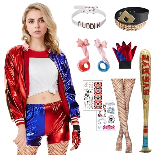 Formemory Quinn Kostüm Damen,Halloween Karneval Kostüm Faschingskostüme Damen mit Handschuhe Jacke T-Shirt Shorts Netzstrümpfe für Halloween Karneval Kostüm Damen (Damen(10-teiliges Set), XL) von Formemory