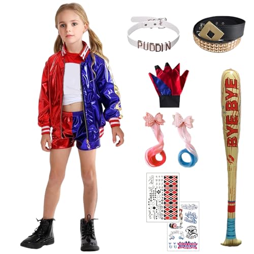 Formemory Quinn Kostüm Damen,Halloween Karneval Kostüm Faschingskostüme Damen mit Handschuhe Jacke T-Shirt Shorts Netzstrümpfe für Halloween Karneval Kostüm Damen (Kinder(9-teiliges Set), 130) von Formemory