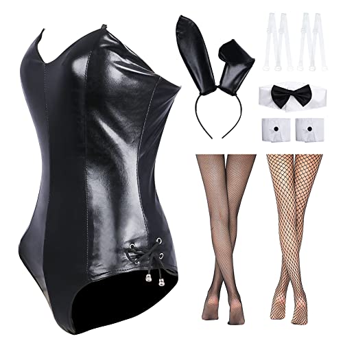 Senpai Damen-Kostüm mit Hasenohren, Cosplay-Kostüm, Anime-Rolle, Cosplay, einteiliger Body mit Hasenohren, Strümpfe, Set (L, schwarz) von Formemory