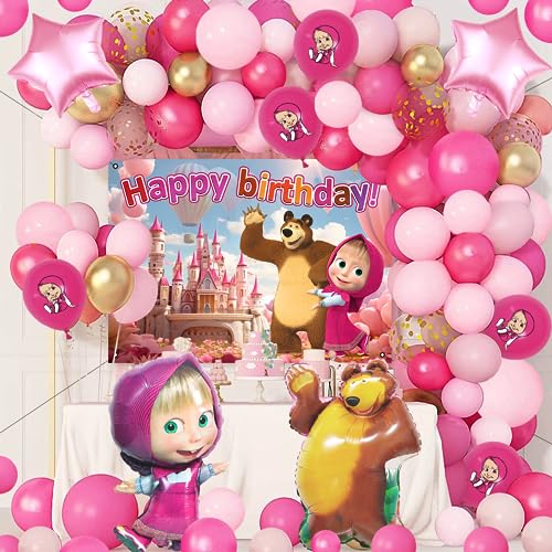 77 Pcs mascha und der bär Geburtstag deko, Mascha und der Bär Ballon Geburtstag, Masha Bear Luftballons, Geburtstag Masha und der Bär Party Dekoration, Luftballons Zum Mädchengeburtstag von Forninc