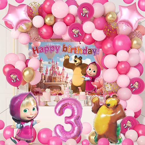 78 Pcs mascha und der bär Geburtstag deko, Mascha und der Bär Ballon Geburtstag, Masha Bear Luftballons, Geburtstag Masha und der Bär Party Dekoration, 3 Jahre Luftballons von Forninc