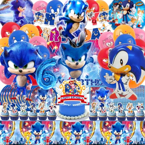 84 Stück Sonic Geburtstag Party Set, sonic Deko Geburtstag, Sonic Geburtstag Luftballon, Sonic Deko, Sonic Tortenaufleger, Sonic Luftballon, Geburtstag Ballon, Sonic Geburtstagsdeko 6 Jahre von Forninc