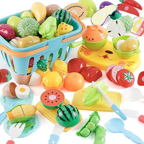 44 Stück Kinder Küche Spielzeug, Kinderküchenzubehör mit Obst, Gemüse und Besteck, Kinderküche Geschirr Schneiden Obst Gemüse Lebensmittel, Rollenspiel Lernspielzeug Geschenk ab 3 Jahre von Forroby