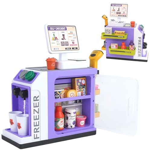 46 Stück Spielkasse Kinder mit Scanner und Spielgeld, Kasse Spielzeug, Spielzeugkasse das Wasser abgeben kann, Rollenspiel Spielzeug für Kinder 3 4 5 Jahren(Violett) von Forroby