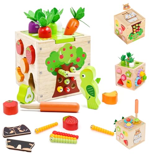 5 in 1Montessori Motorikwürfel,Activity Cube,Steckwürfel enthalten Formen zuordnen, Karotten ernten,Insekten fangen,Zahnräder,Holzwürfel,Early Development & Activity Toys,Lernspielzeug ab 1 Jahr. von Forroby