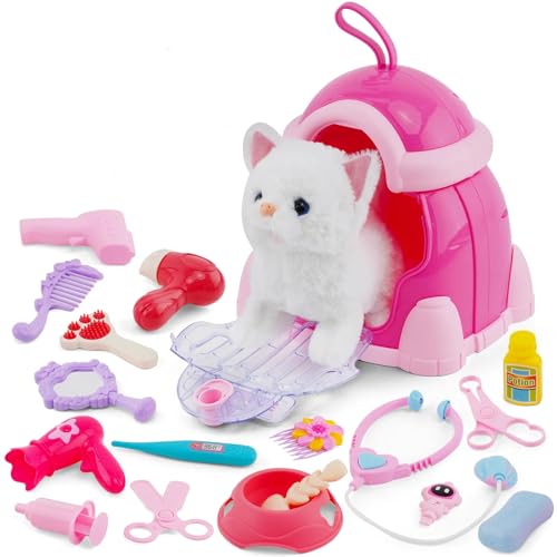 Forroby Spielzeug Haustier für Kinder, Katzenspielzeug Interaktives Schwanzwedelt, Plüschtier Katze mit Leine der läuft und bellt, Plüschkätzchen mit Katzenzubehör und Käfig, ab 3 Jahren von Forroby