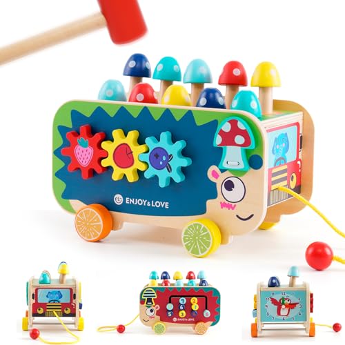 Forroby Holz Montessori Spielzeug,Hammerspiel für Kinder ab 3 Jahre mit 1 Schlägeln,Uhr, Zahnrädern, Zahlenlabyrinth und Zugseil,Motorikspielzeug ab 1 Jahr für Jungen und Mädchen von Forroby