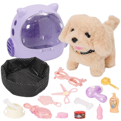 Hund Spielzeug Kinder, Spielzeug Hund der Läuft und Bellt Schwanzwedelt,Kuscheltier Hunde mit Leine und Rucksackfähiger Hundekäfig, Rollenspiel Toy für Kinder ab 3 Jahren von Forroby