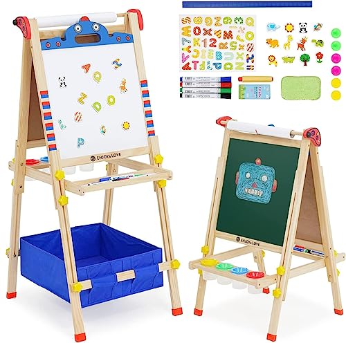 Kinder Spiel-Tafel aus Holz| 3-in-1-Kinderstaffelei,Höhenverstellbar mit Papierrolle, Kreidetafel, Whiteboard, Cartoon-Aufkleber und 4 Malschüsselchen Reichhaltiges Zubehör（Cartoon-Roboterform） von Forroby